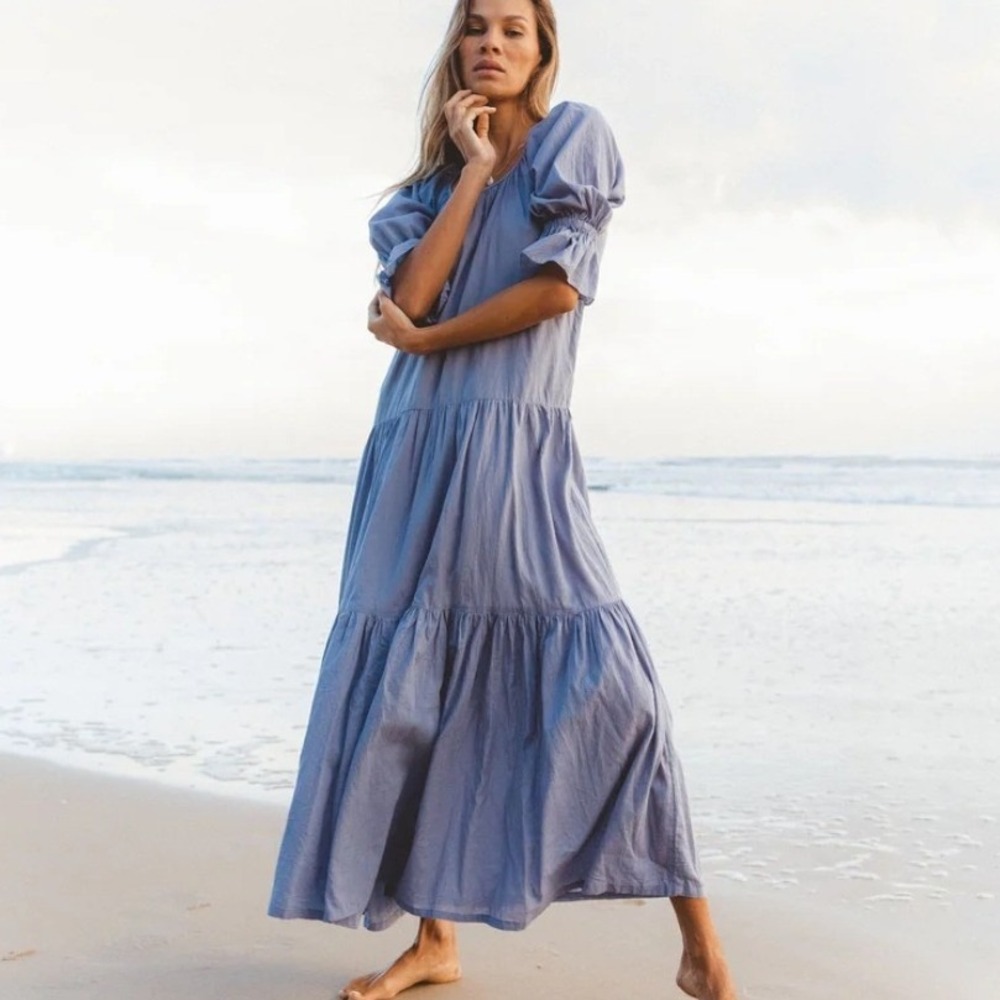 Daughters of India Sahana Gown Blue Lagoon Blue Cotton Tiered Maxi Dress  Large